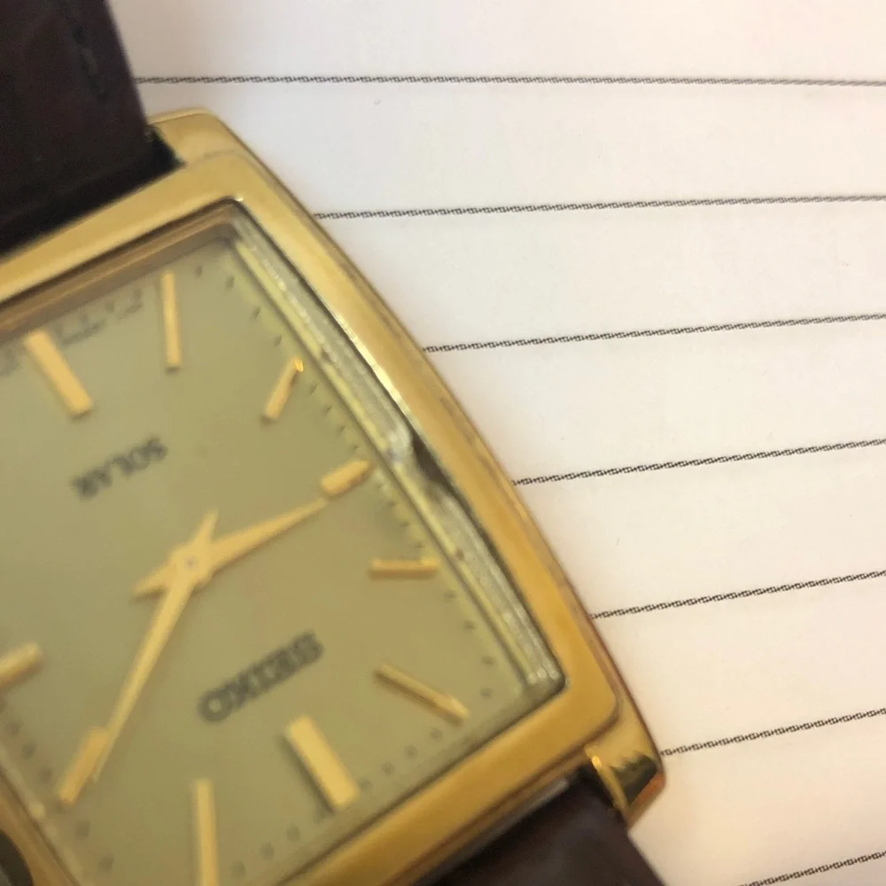 Mens Seiko Gold-Tone Rectangular Solar Watch with Brown Strap - Picture 8 of 8